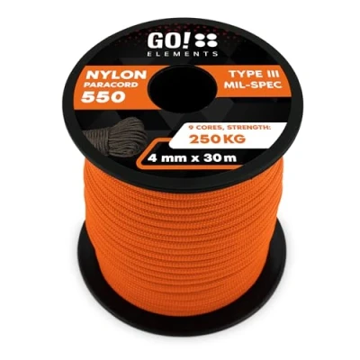 Abbildung von GO!elements 30m Paracord Seil aus reißfester Nylonschnur 4mm 550 Typ III Schnur geeignet als Allzweckseil &amp; Reepschnur Max. 250kg, Farbe: Orange