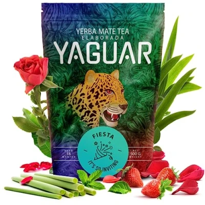 Abbildung von Yaguar Fiesta 500 g Milder Mate Tee mit Erdbeere, Minze und Zitronengras Für Anfänger Fortgeschrittene Großer Gehalt an Koffein Brasilianischer Erfrischender 0,5 kg
