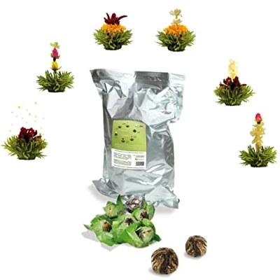 Abbildung von Creano Teeblumen 36 Teekugeln grüner Tee Großpackung, Erblühtee im Bulkpack, Teerosen, Blooming Tea, Flowering Tea