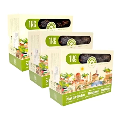 Abbildung von Premium Medjool Datteln 3KG aus Palästina Medjoul Königsdatteln für Genuss und Energie Natürlich &amp; Ohne Konservierungsstoffe Frisch Vegan Reich an Fruchtfleisch Mit Stein 2024 (3X 1KG)