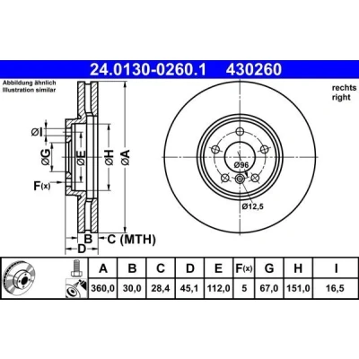 Abbildung von ATE 24.0130 0260.1 Bremsscheibe 360,0 30,0 5 112,0 Belüftet beschichtet hochgekohlt mit Schrauben BMW: X1, 1 Schrägheck, X2, MINI: Clubman