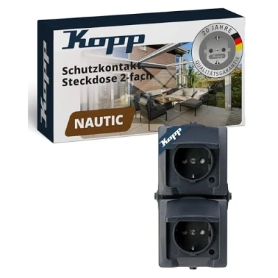 Abbildung von Kopp Nautic 2 fach Schutzkontakt Steckdose mit Klappdeckel und erhöhtem Berührungsschutz, Aufputz Feuchtraum, senkrecht, 16A, 250V/AC, IP44, anthrazit, 136915009