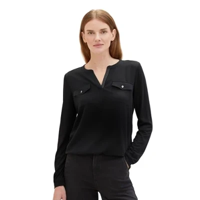 Abbildung von TOM TAILOR Damen Langarmshirt mit Stehkragen, deep black, XXS