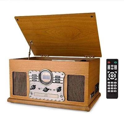 Abbildung von Retro Plattenspieler mit Lautsprecher, UKW/DAB Radio, CD Player, Kassettenrekorder, Bluetooth, USB/SD Wiedergabe und Aufnahme, Schallplattenspieler im Vintage Design