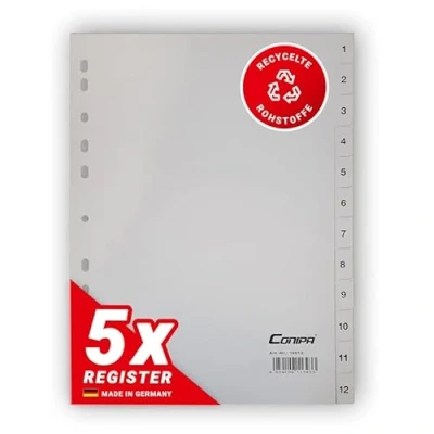 Abbildung von Conipa® 5er Set 1 12 Register für Ordner DIN A4 (MADE IN GERMANY) Registerblätter &amp; Trennblätter mit Zahlen (nummeriert) Kunststoff (PP) Trennregister Akten, Ringbücher Hefter (Grau)