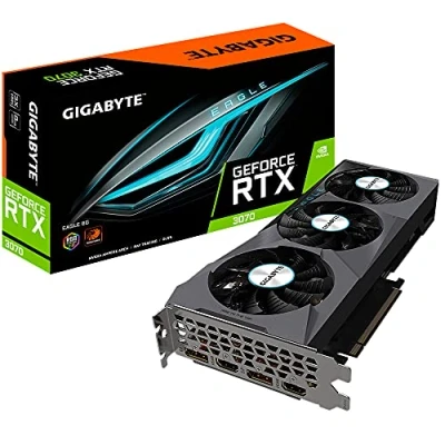 Abbildung von Gigabyte GV N3070EAGLE 8GD 2.0 LHR Version NVIDIA. 8 GB. GeForce RTX 3070. GDDR6. PCI E 4.0 x 16. Processor frequency 1725 MHz. HDMI ports Quantity 2. Memory clock speed 14000 MHz