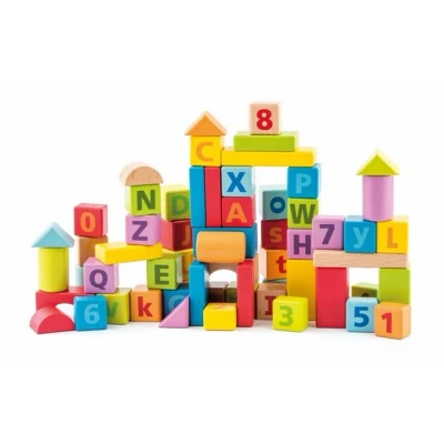 Abbildung von Woodyland Lernspielzeug 60 bunte, pastellfarbene Holzbausteine mit ABC, Zahlen und Steckspiel, Integriertes Steckspiel im Deckel der Aufbewahrungstrommel
