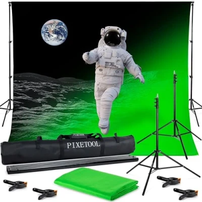 Abbildung von PIXETOOL Greenscreen (3m x 3m) mit Ständer (2,6m Fotohintergrund Fotostudio Set Green Screen Hintergrund Hintergrundstoffe Stativ 4 Klemmen Gaming Streaming Fotografie Zubehör