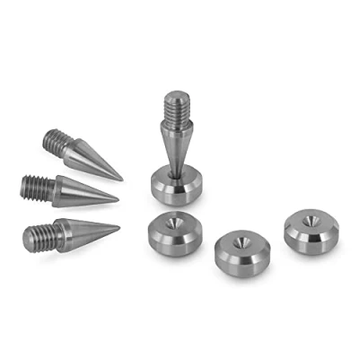 Abbildung von Precisiongeek Lautsprecherspikes, M6 Kegel, 10 mm Durchmesser und Pads, 16 Durchmesser, abgeschrägte Form, Edelstahl für Lautsprecher, HiFi Ständer, Schränke, Soundbars Set mit 4 Spikes, Pads