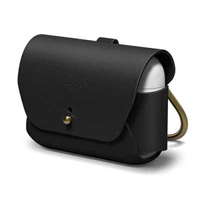 Abbildung von elago Lederhülle mit Karabiner Kompatibel Apple AirPods Pro 2 Hülle (2022) und 1 Ladecase, Case aus echtem Leder, [Passform Getestet] (Schwarz)