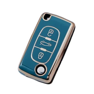 Abbildung von Autoschlüssel Schutz, kompatibel mit Peugeot 207, 307, 308, 407, 408, 508, Schlüsselhülle für Citroen C2, C3, C4, C5, C6, C8, 3 Tasten Fernbedienung, Blau