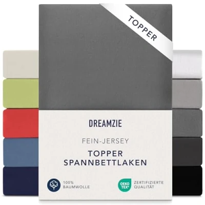 Abbildung von Dreamzie Premium Topper Spannbettlaken 180x200 cm 200x200 extra niedriger Seitenhöhe für Boxspringbett Topperauflage Spannbetttuch Jersey Baumwolle, 150 g/m² Oeko TEX Anthrazit