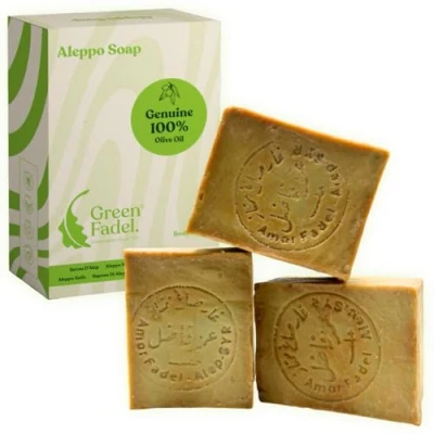 Abbildung von GREEN FADEL Aleppo Seife Original 3 x 200g (Genuine) 100% Olivenöl, Olivenölseife, Kernseife Naturseife, Soap, inkl. Seifensäckchen, Handgemacht, Vegan