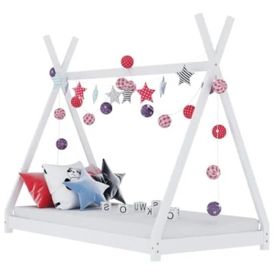 Abbildung von vidaXL Kiefernholz Massiv Kinderbett Hausbett Bettenhaus Spielbett Tipi Indianer Bett Kinderhaus Holzbett Bettgestell Lattenrost Weiß 80x160cm