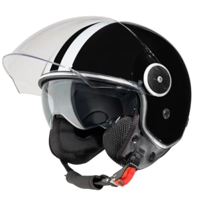 Abbildung von VINZ Arenas Jethelm mit Doppelvisier Roller Helm Fashionhelm Streifen In Gr. XS XXL Jet Sonnenblende ECE 22.06 Zertifiziert Motorradhelm Visier Schwarz