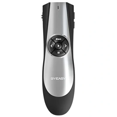 Abbildung von BYEASY Präsentationsklicker mit grünem Laser und Lautstärkeregler, RF 2,4 GHz Wireless Presenter Remote 30 m, USB PPT Clicker für Google Slides, PowerPoint mehr