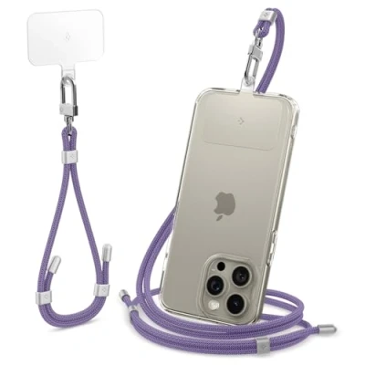 Abbildung von Spigen Universal Handykette zum Umhängen und Handschlaufen Set mit ConTag Smartphones Kette Kompatibel iPhone 16/15 Pro Max, Samsung Galaxy S24/S23, Xiaomi, Pixel Lanyard Strap Deep Purple