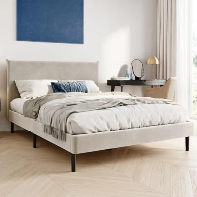 Abbildung von Home Collective Polsterbett mit Lattenrost und weichem Bezug, Bettgestell (Doppelbett gepolstertem Kopfteil, robustes Gestell, hoher Liegekomfort), 140x200 cm, Beige, Cordbezug