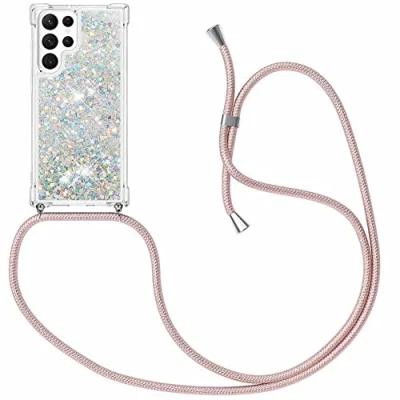 Abbildung von MXKOCO Handykette kompatibel mit Samsung Galaxy S23 Ultra Glitzer Flüssig Bewegende Treibsand Hülle Band Umhängetaschen+Hüllen Umhängeband Handykordel Schutzhülle Stylische Kette