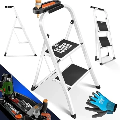 Abbildung von MASKO® Trittleiter Klappleiter 2 Stufen Leiter Stufenleiter belastbar bis 150 kg Tritthocker Anti Rutsch Klapptritt inkl. Handschuhe, Werkzeugablage &amp; automatisches Schloss, Weiß