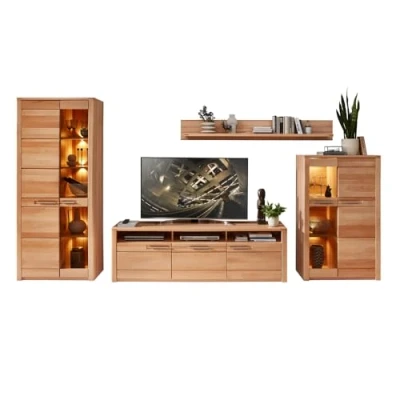 Abbildung von Wohnzimmerset Wohnwand inkl. Beleuchtung Vitrine Wandboard Vitrinenschrank TV Lowboard, Front Kernbuche massiv
