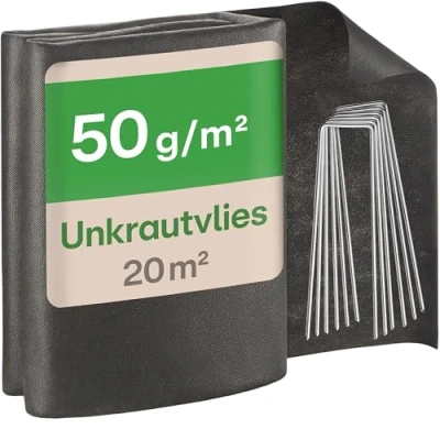 Abbildung von Praknu Unkrautvlies 50g/m² mit 12 Erdankern Gartenvlies 20 m² (2x10m) Wasserdurchlässig, UV Stabil &amp; Reißfest für Blumenbeete Garten