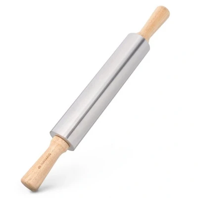 Abbildung von Navaris Teigroller Nudelholz aus Edelstahl mit Holzgriffen und Metallachse, Rollholz Edelstahl, (1 tlg)