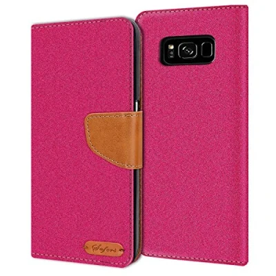 Abbildung von Verco für Galaxy S8 Plus Hülle, Schutzhülle Samsung S8+ Tasche Denim Textil Book Case Flip Klapphülle Pink