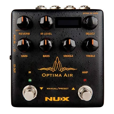 Abbildung von Nux NAI 5 Optima Air, Akustikgitarren Simulator (mit 2 Schaltern und 1 Vorverstärker, 3 Band EQ, Gain control, Reverb, IR AMP Footswitch, Micro B USB Port, 3,5mm In Output), Schwarz/Orange