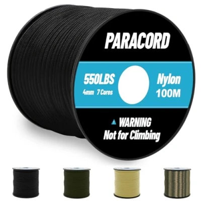 Abbildung von Omtofo 100M Paracord 550 Nylon Seil 4mm, 7 Kern Strängen Schwarze Fallschirmschnur Nylonschnur für Armband, Leine, Halsband, Survival Max. 250kg (550lbs)