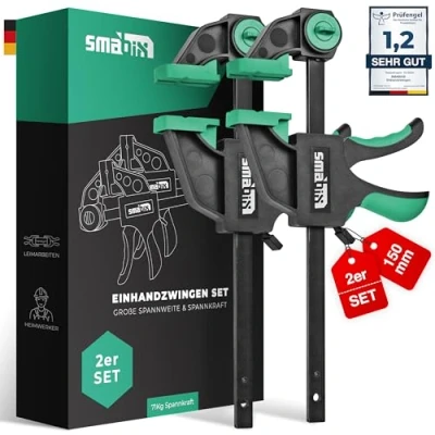 Abbildung von SMABIX® Einhandzwingen 2er Set zum Spannen, Dehnen, Fixieren mit einer Hand, 71Kg Spannkraft, Spannweite 150 mm, Dehnbereich 135mm 285mm, Einhandzwinge, Zwingen, Schraubzwingen, Schnellspannzwinge