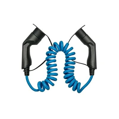 Abbildung von E Auto Ladekabel Mode 3, Typ 2 Stecker an Buchse, 3 phasig, 16 A, 11 kW, Spiralkabel, blau, 5m