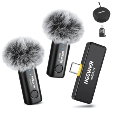 Abbildung von NEEWER Wireless Lavalier Mikrofonsystem, 1 x USB C Empfänger mit OTG Adapter 2 Rauschunterdrückung omnidirektionaler Kondensator Sender, kabellos Mic kompatibel iPhone 16 Pro Max S24 Ultra, KM23
