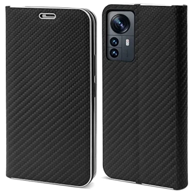 Abbildung von Moozy Hülle für Xiaomi 12 Pro, Schwarz Carbon Metallischer Kantenschutz Klapphülle Handyhülle mit Kartenfach und Standfunktion