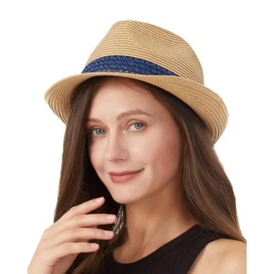 Abbildung von Zylioo M Trilby Fedora Strohhut für Kleinen Kopf,Stroh Sonnenhut Herren mit Roll UP Krempe,UV Schutz Sommerhut Strandhut