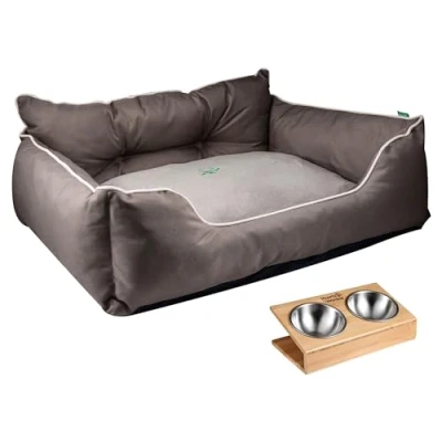 Abbildung von United Colors of Benetton Haustierbett Braun Maße 90 x 70 28 cm ergonomisches Bett für mittelgroße Hunde maschinenwaschbarer Bezug und Futternapf aus Edelstahl Halterung Bambus