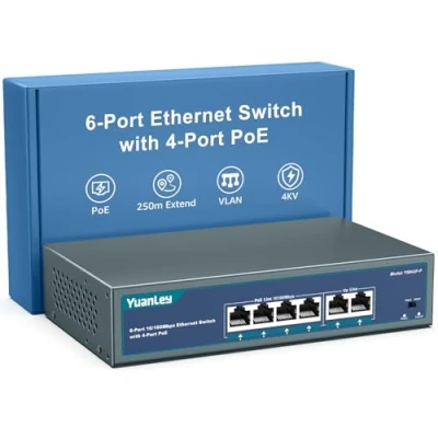 Abbildung von YuanLey 6 Port PoE Switch with 4 PoE+, 802.3af/at 78W Built in Power, Fanless Metal Unmanaged Plug &amp; Play