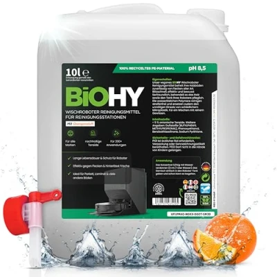Abbildung von BiOHY Wischroboter Reinigungsmittel für Reinigungsstationen mit Orangenduft (10 Liter Kanister) + Auslaufhahn Verlängert die Lebensdauer der Absaugstation Schaumarmes Bodenreiniger Konzentrat
