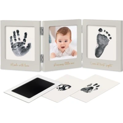 Abbildung von Baby Handabdruck &amp; Fußabdruck Set Clean Touch Stempelkissen Hand Fuß für Neugeborene, Bilderrahmen Abdruckset, Fussabdruck Newborn Shower (Cloud Gray/Gold)