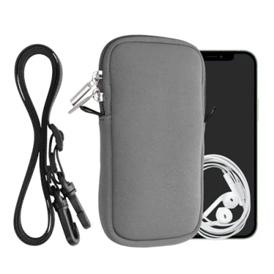 Abbildung von kwmobile Handytasche für Smartphones L 6,5&quot; Neopren Handy Hülle Grau mit Kordel Tasche Handykette 16,5 x 8,9 cm Innenmaße