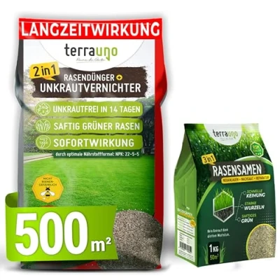 Abbildung von TerraUno Rasendünger mit Unkrautvernichter extra stark, 100 Tage Langzeitwirkung, 10 kg für 500 m², gegen Löwenzahn, Klee uvm., Rasenunkrautvernichter Dünger Frühjahr &amp; Sommer, Nachsaat