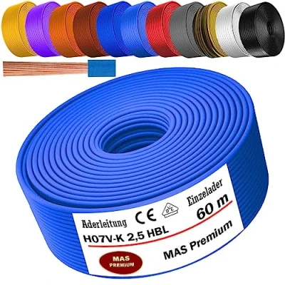 Abbildung von MAS Premium Von 5 bis 100m Aderleitung H07 V K 2,5 mm² SW, HBL, GNGE, RT, DBL, BR, OR, GR, WS, VIO oder GE Einzelader flexibel (Hellblau, 60m)