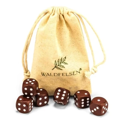 Abbildung von Waldfelsen 6, 12, 20, 30 oder 50 hochqualitative Holzwürfel aus echtem Buchenholz Augenwürfel Spielwürfel Holz in 16 mm Standardwürfel mit Stoffbeutel Würfelset (Braun, 6 Stück)
