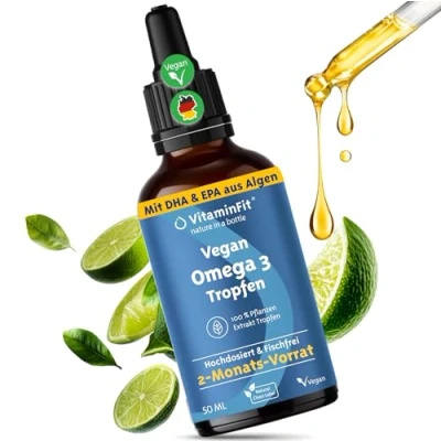 Abbildung von Vegane Omega 3 Tropfen mit DHA &amp; EPA Algenöl Hochdosiert Ohne Fisch Flüssiges für Gehirn, Herz Augen 100% Pflanzlich, Vegan Nachhaltig VitaminFit, 50ml