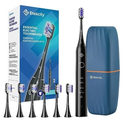 Abbildung von Etekcity Elektrische Schallzahnbürste, Deep Clean Modi, 6 Bürstenköpfe, schnelle Aufladung für 60 Tage&amp;40000 VPM, Erwachsene und Kinder, 2 Min Smart Timer, 5 Modi &amp; Reiseetui, Schwarz