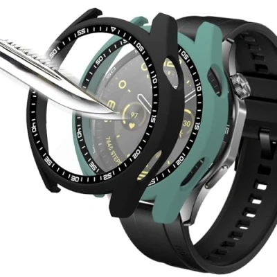 Abbildung von Msiall Mit Gehärtetes Glas Displayschutz Schutzhülle Kompatibel für Huawei Watch GT 4 46mm,Hard PC Rundum Ultradünne Blasenfreie Gegen Kratzer Grün Schwarz