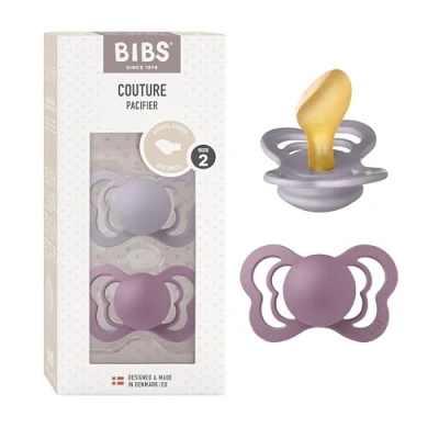 Abbildung von BIBS Couture Schnuller 2er Pack, BPA frei, Kiefergerechte Form. Naturkautschuk/Latex, Hergestellt in Dänemark. Str. 2, Fossil Grey/Mauve