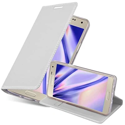 Abbildung von Cadorabo Hülle kompatibel mit Samsung Galaxy A5 2015 aus Premium Kunst Leder Flip Klappbare Stoßfeste Magnetische [Standfunktion] [Kartenfächern] Cover für Tasche in Silber