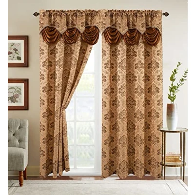 Abbildung von Elegant Comfort Jacquard Look Vorhang Set mit angenähtem Wasserfall Volant, (2 Stück), 137 x 213 cm, Gold/Braun
