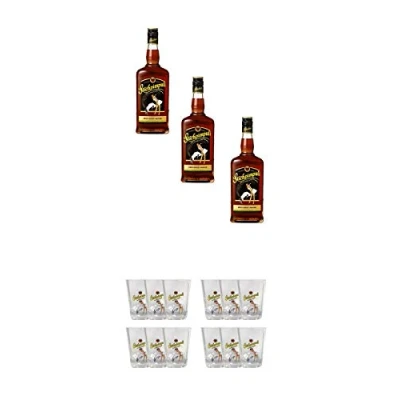 Abbildung von Stichpimpuli bockforcelorum Speziallikör 3 x 0,7 Liter + Shot Gläser mit Schriftzug und Eichstrich 2 cl 6 Stück